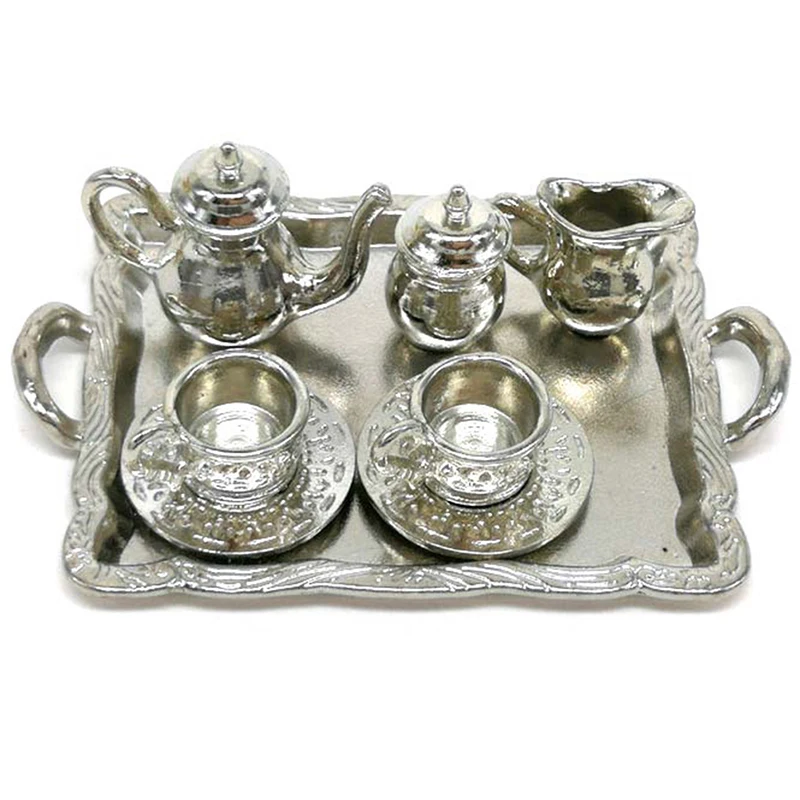 10Pcs 1: 12 Dollhouse Miniature Furniture Accessories Dining Ware Metal Tea Cup Plate Model Set For Doll House Decor Pretend Toy