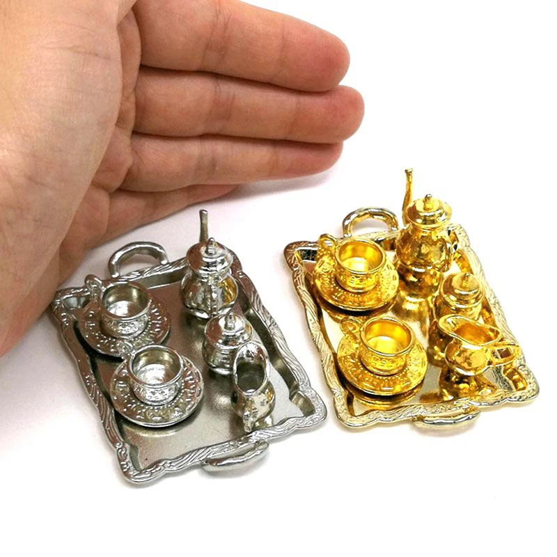 10Pcs 1: 12 Dollhouse Miniature Furniture Accessories Dining Ware Metal Tea Cup Plate Model Set For Doll House Decor Pretend Toy