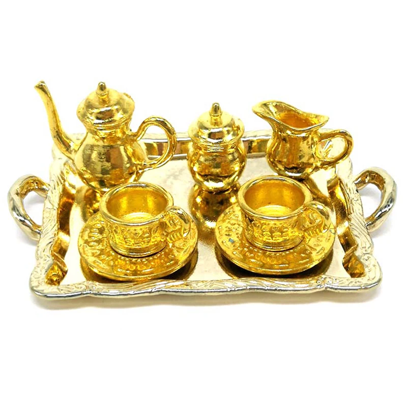 10Pcs 1: 12 Dollhouse Miniature Furniture Accessories Dining Ware Metal Tea Cup Plate Model Set For Doll House Decor Pretend Toy