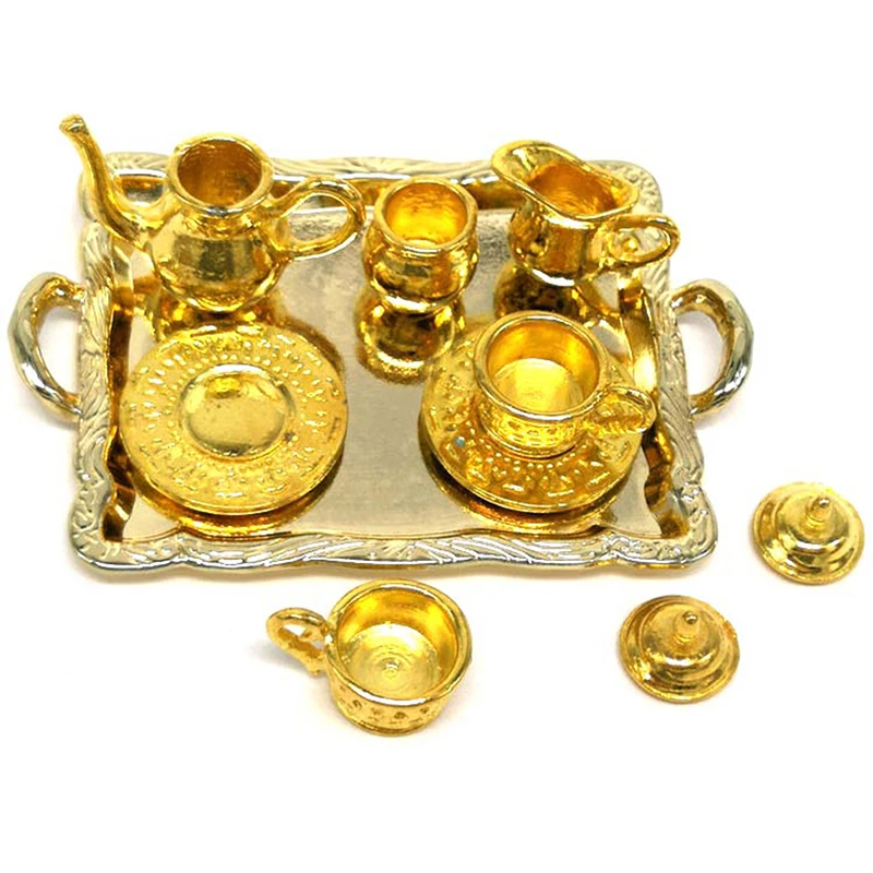 10Pcs 1: 12 Dollhouse Miniature Furniture Accessories Dining Ware Metal Tea Cup Plate Model Set For Doll House Decor Pretend Toy