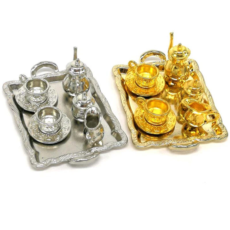 10Pcs 1: 12 Dollhouse Miniature Furniture Accessories Dining Ware Metal Tea Cup Plate Model Set For Doll House Decor Pretend Toy