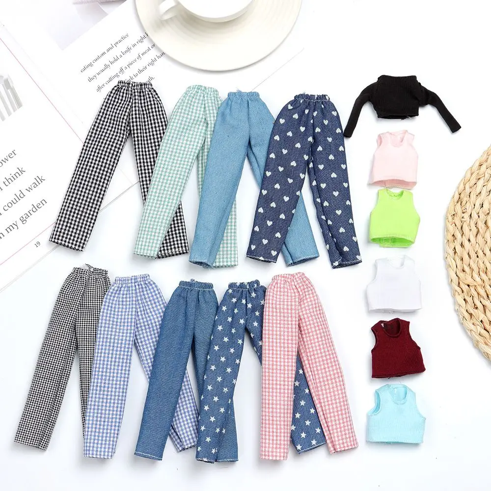 1/6 Princess Doll Clothes Fashion Denim Slacks Sleeveless T-suit Casual Pants Denim Grid Daily Wear Accessories Doll Clothing