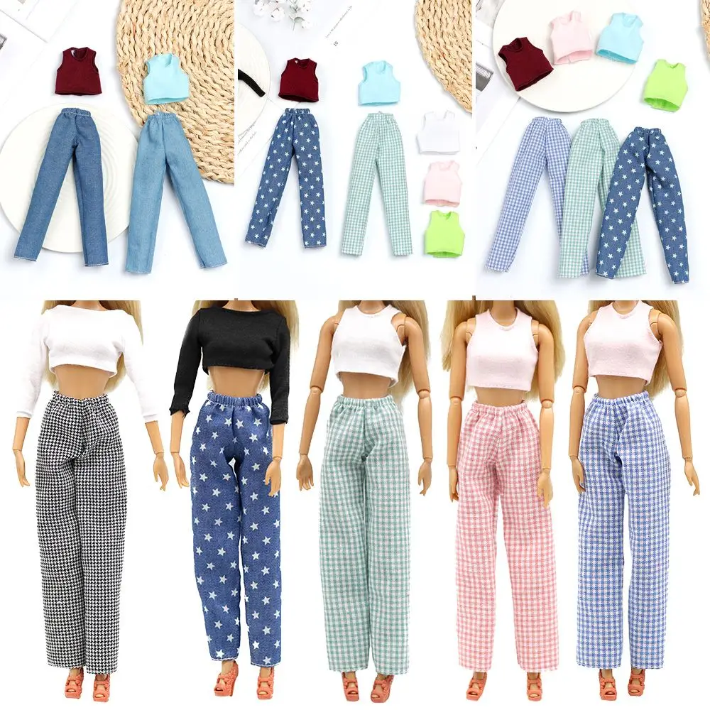 1/6 Princess Doll Clothes Fashion Denim Slacks Sleeveless T-suit Casual Pants Denim Grid Daily Wear Accessories Doll Clothing