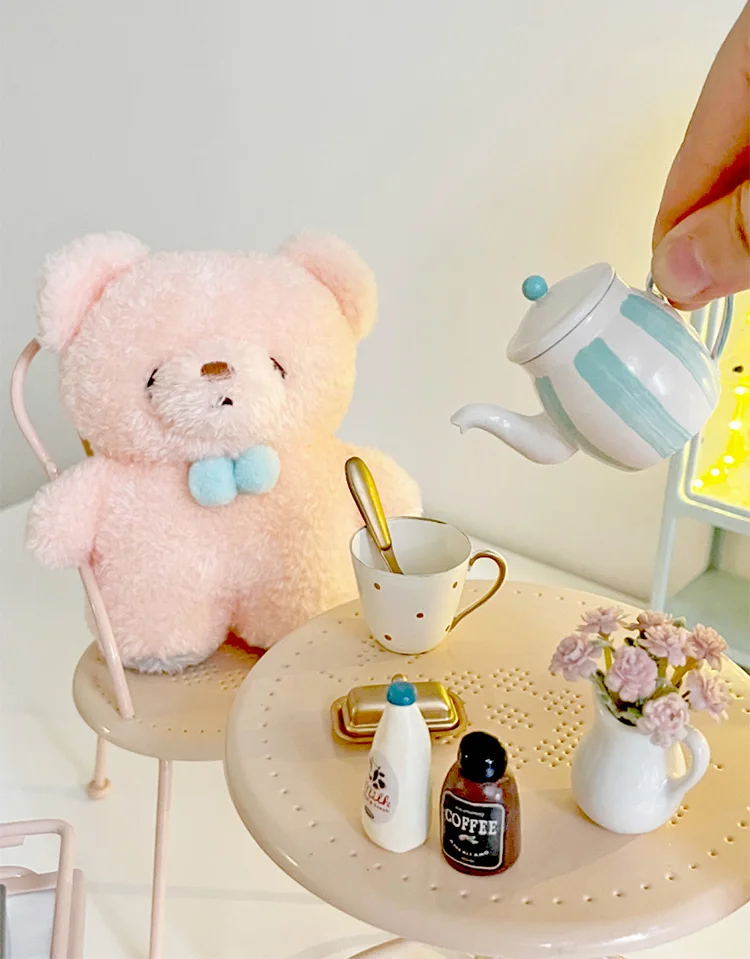 Aizulhomey Dollhouse Furniture Metal Tea Pot Set 7 pcs For Blythe OB24 BJD Dollhouse Accessories Mini Kitchen Toys Gifts