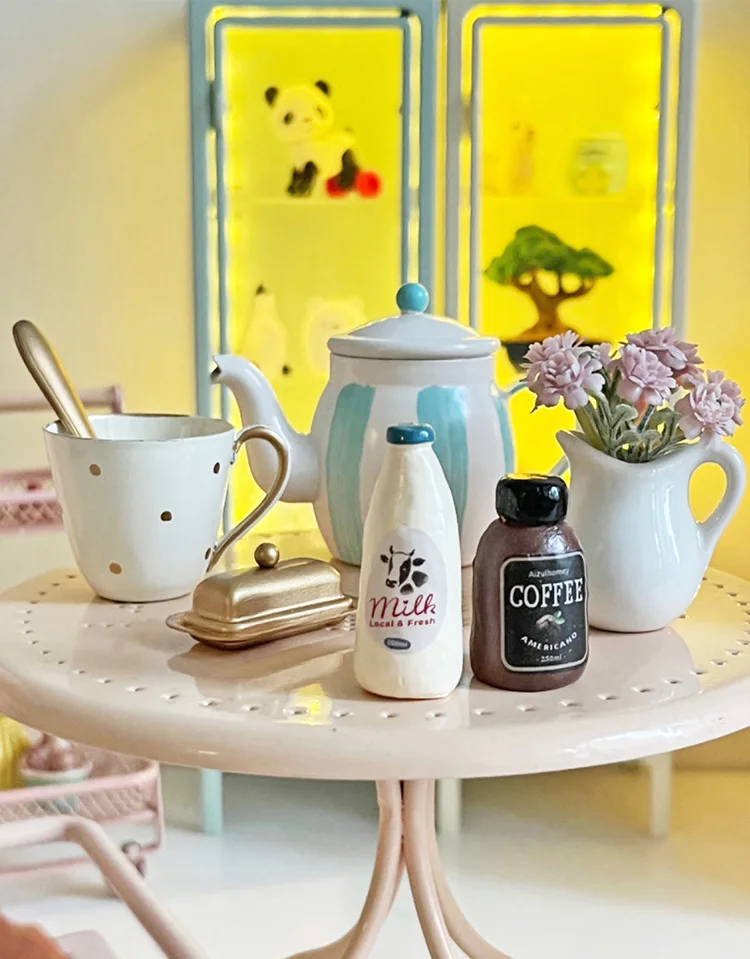 Aizulhomey Dollhouse Furniture Metal Tea Pot Set 7 pcs For Blythe OB24 BJD Dollhouse Accessories Mini Kitchen Toys Gifts