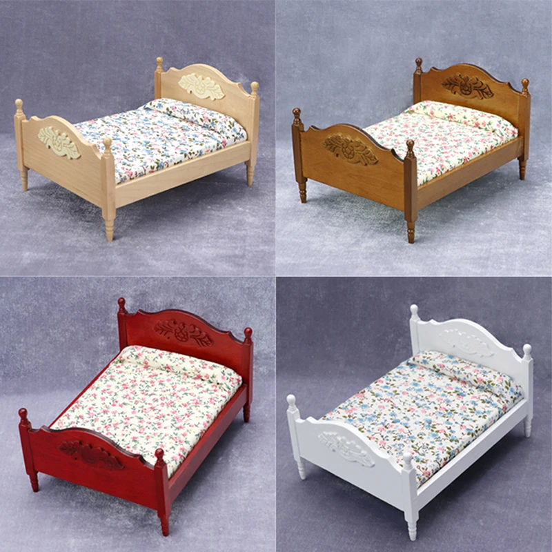 1Pc 1:12 Dollhouse Miniature Bedroom Double Bed European Simulation Furniture Model Living Scene Decor Toy