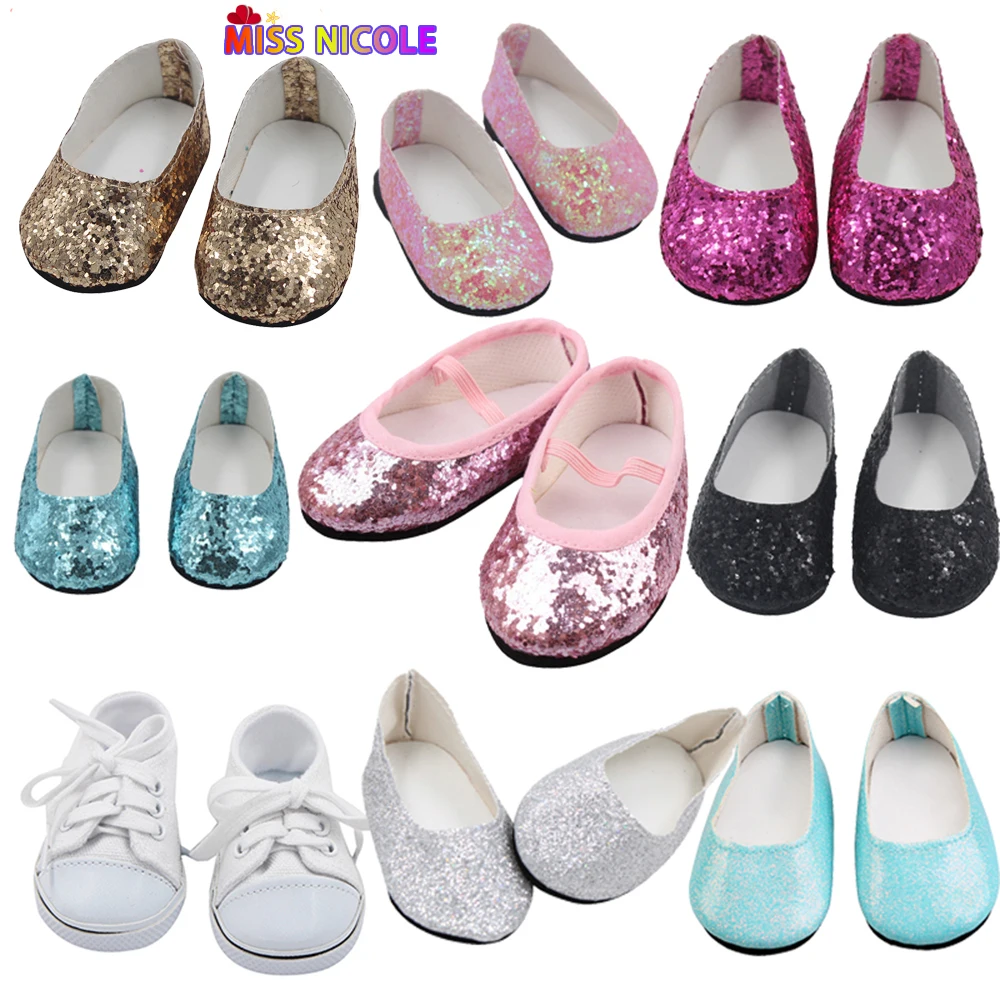 18'' Doll Mini Shoes 7 cm PU Sequin Shoes Wear For 43 cm New Baby Reborn Toys For American Dolls for Girl's Gift