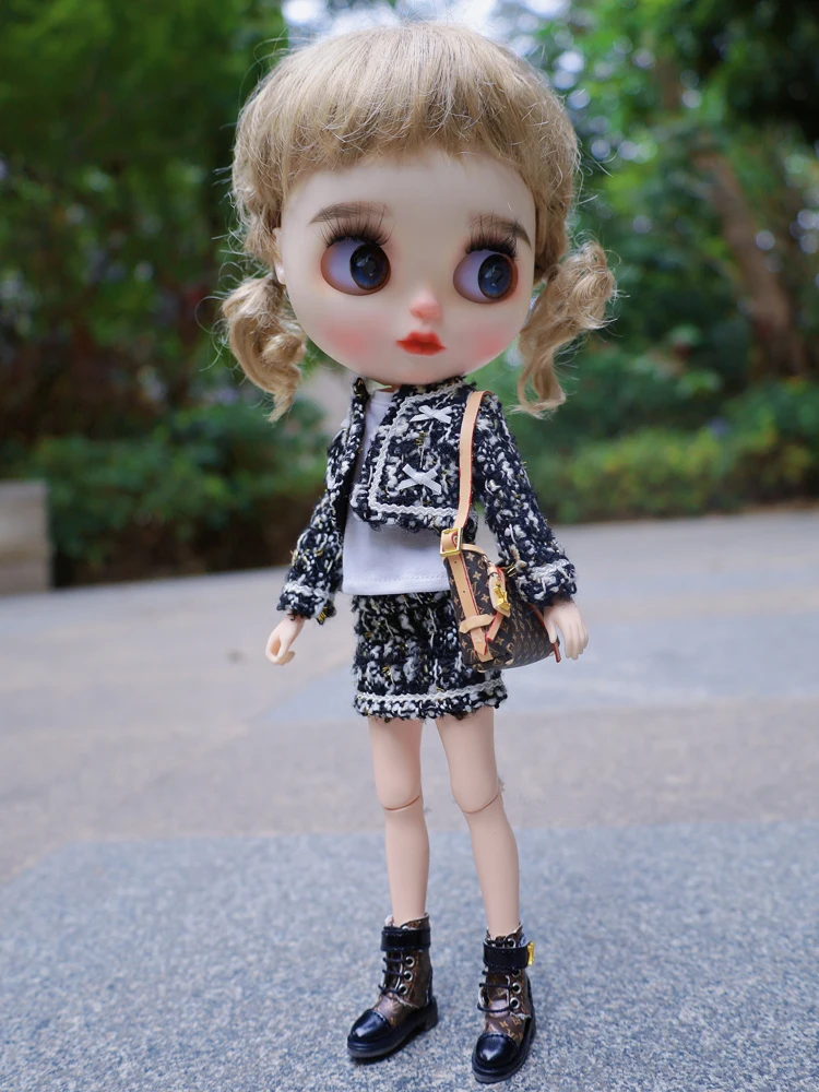 Blythe Clothes Trench Coat Casual Pants for Ob24 Ob22 Azone Blythe Doll Suit Tweed Jacket Set