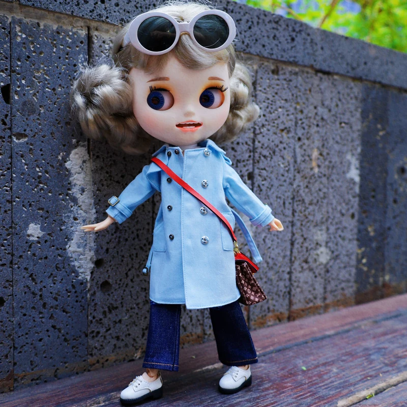 Blythe Clothes Trench Coat Casual Pants for Ob24 Ob22 Azone Blythe Doll Suit Tweed Jacket Set