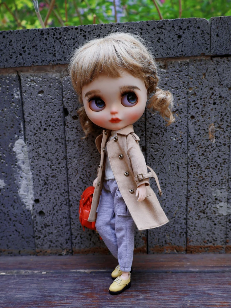 Blythe Clothes Trench Coat Casual Pants for Ob24 Ob22 Azone Blythe Doll Suit Tweed Jacket Set