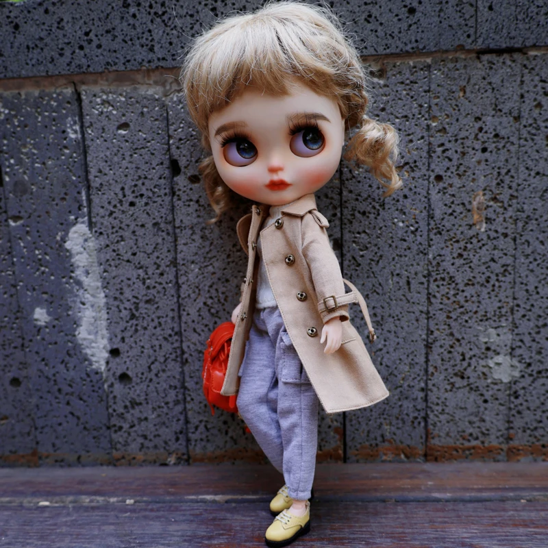 Blythe Clothes Trench Coat Casual Pants for Ob24 Ob22 Azone Blythe Doll Suit Tweed Jacket Set