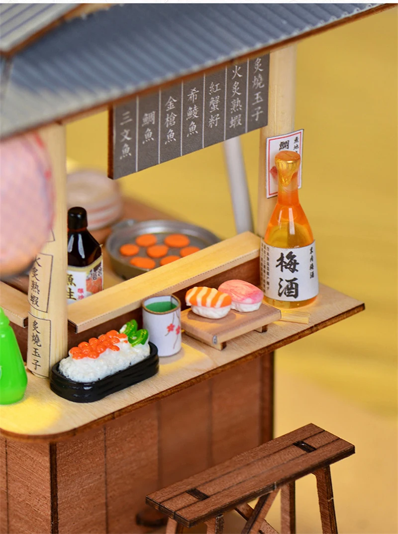 DIY Wooden Doll House Japanese Sushi Store Miniature Building Kit BBQ Breakfast Dollhouse With Furniture Toys for Girls Gifts