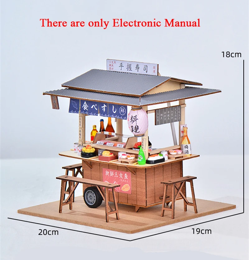 DIY Wooden Doll House Japanese Sushi Store Miniature Building Kit BBQ Breakfast Dollhouse With Furniture Toys for Girls Gifts