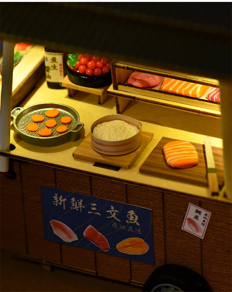 DIY Wooden Doll House Japanese Sushi Store Miniature Building Kit BBQ Breakfast Dollhouse With Furniture Toys for Girls Gifts