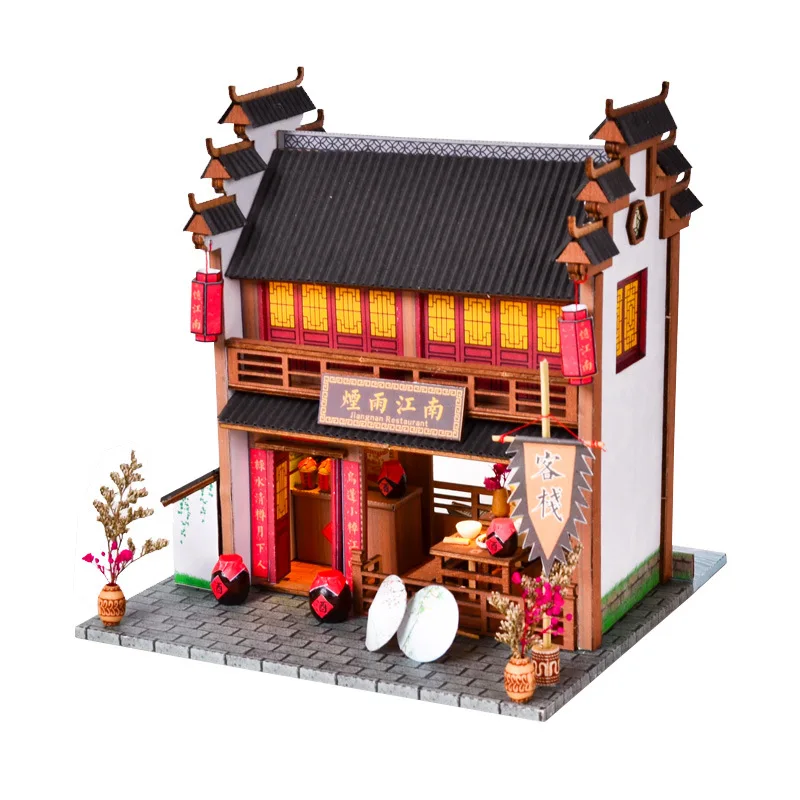 DIY Wooden Doll House Japanese Sushi Store Miniature Building Kit BBQ Breakfast Dollhouse With Furniture Toys for Girls Gifts