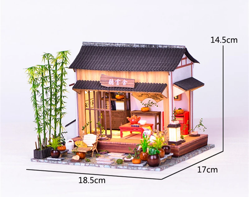 DIY Wooden Doll House Japanese Sushi Store Miniature Building Kit BBQ Breakfast Dollhouse With Furniture Toys for Girls Gifts