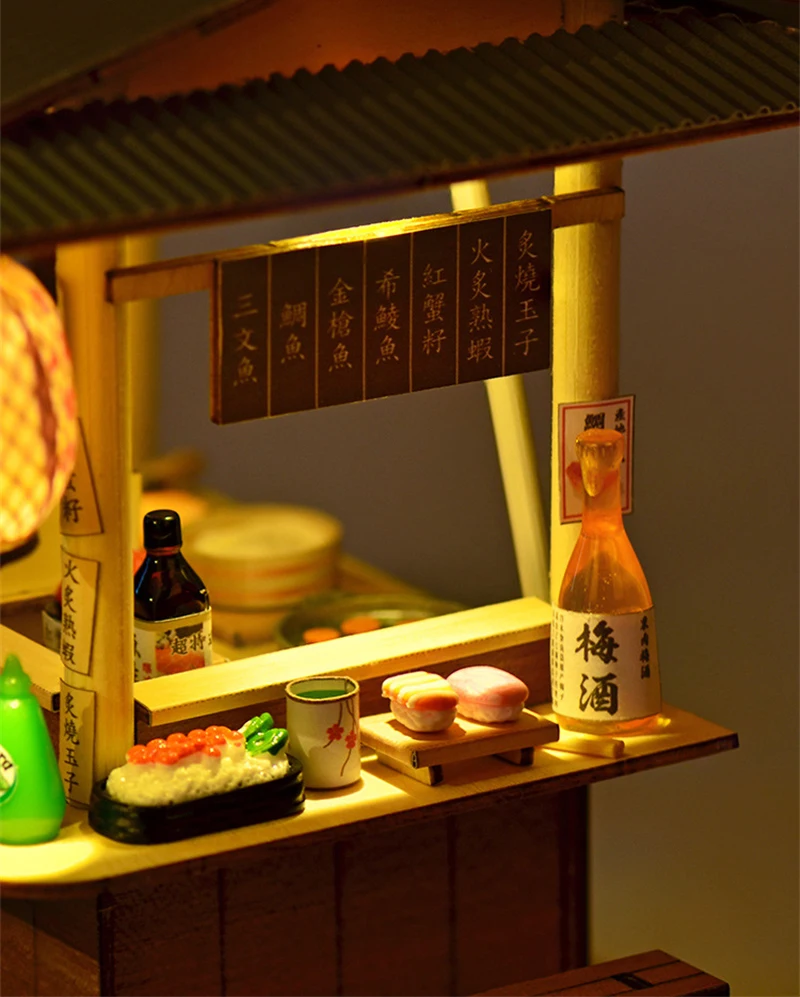 DIY Wooden Doll House Japanese Sushi Store Miniature Building Kit BBQ Breakfast Dollhouse With Furniture Toys for Girls Gifts