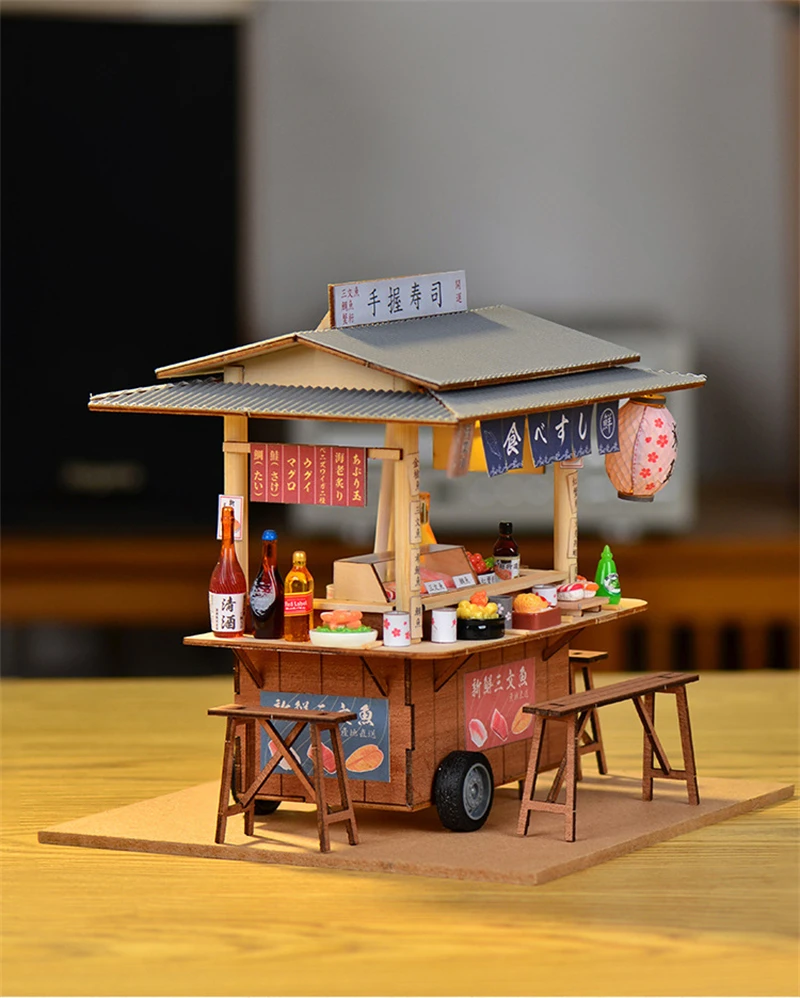 DIY Wooden Doll House Japanese Sushi Store Miniature Building Kit BBQ Breakfast Dollhouse With Furniture Toys for Girls Gifts
