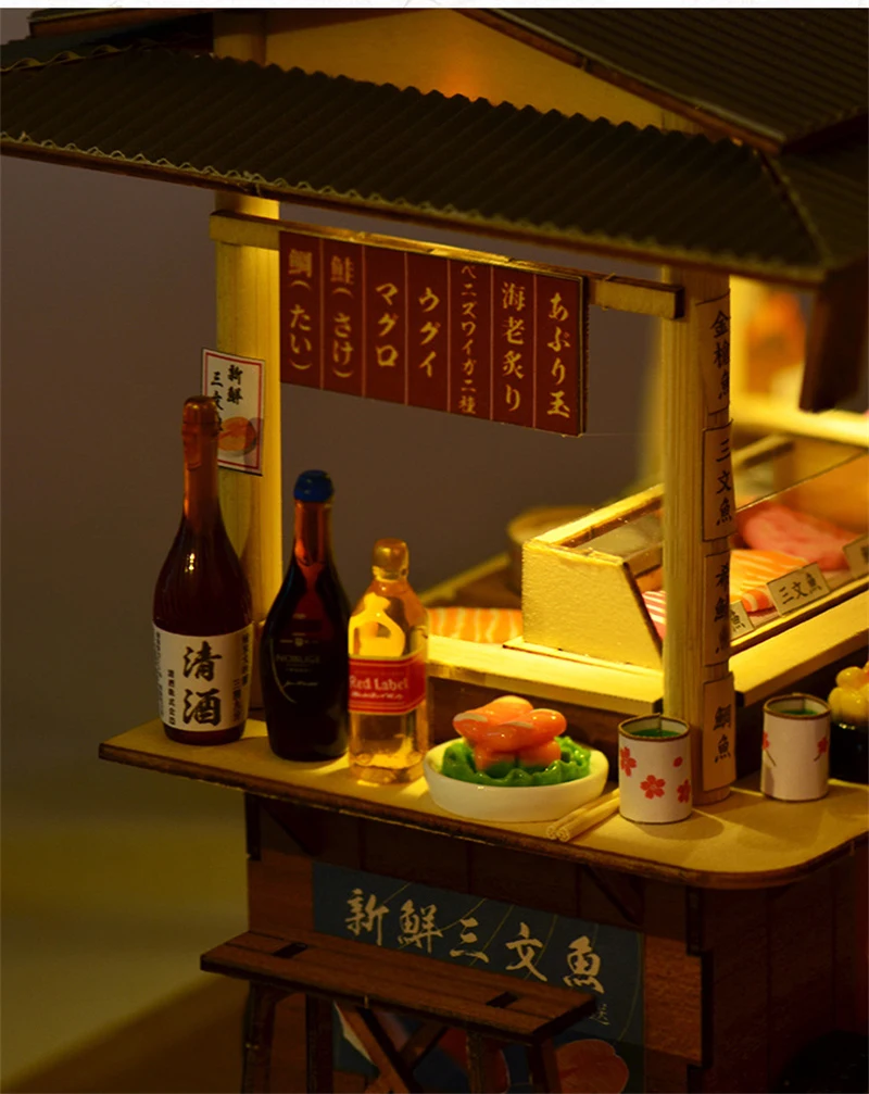 DIY Wooden Doll House Japanese Sushi Store Miniature Building Kit BBQ Breakfast Dollhouse With Furniture Toys for Girls Gifts