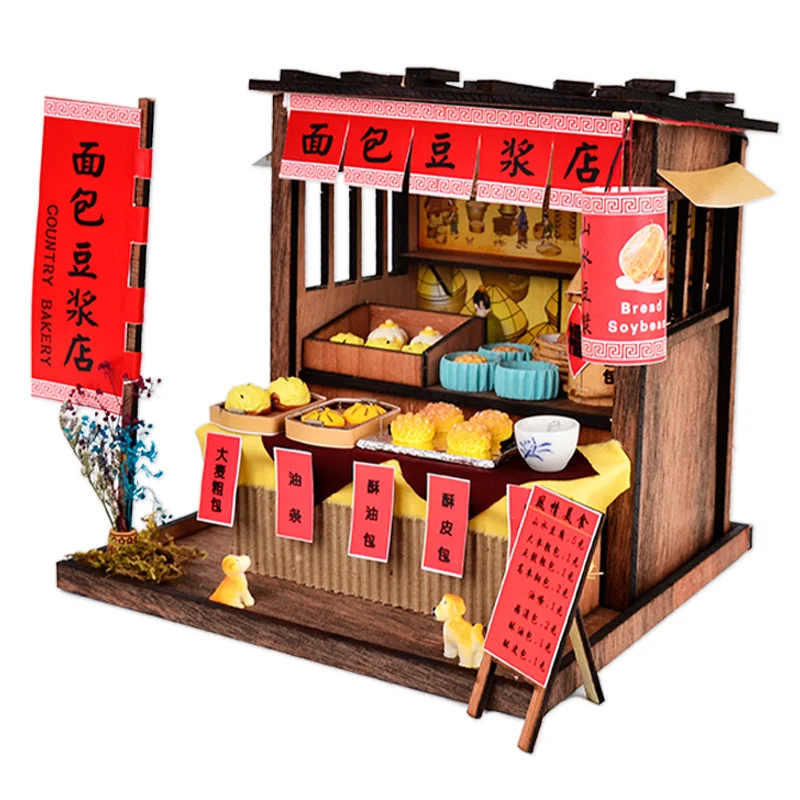 DIY Wooden Doll House Japanese Sushi Store Miniature Building Kit BBQ Breakfast Dollhouse With Furniture Toys for Girls Gifts