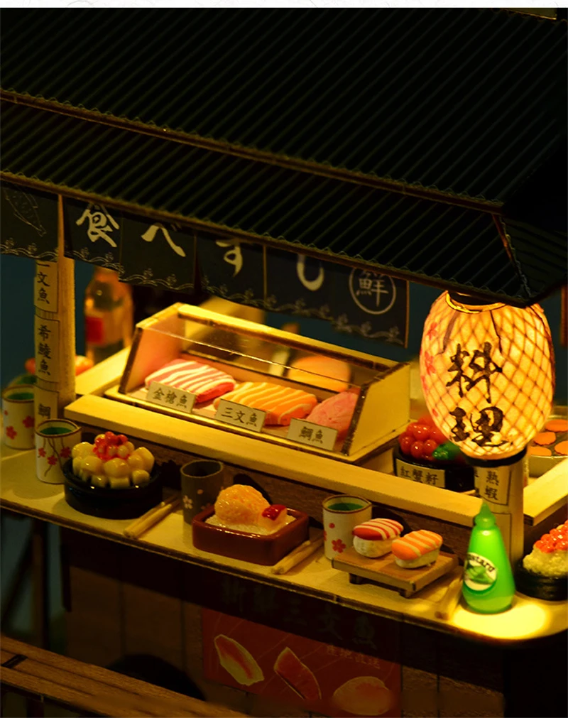 DIY Wooden Doll House Japanese Sushi Store Miniature Building Kit BBQ Breakfast Dollhouse With Furniture Toys for Girls Gifts
