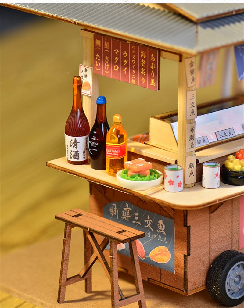DIY Wooden Doll House Japanese Sushi Store Miniature Building Kit BBQ Breakfast Dollhouse With Furniture Toys for Girls Gifts