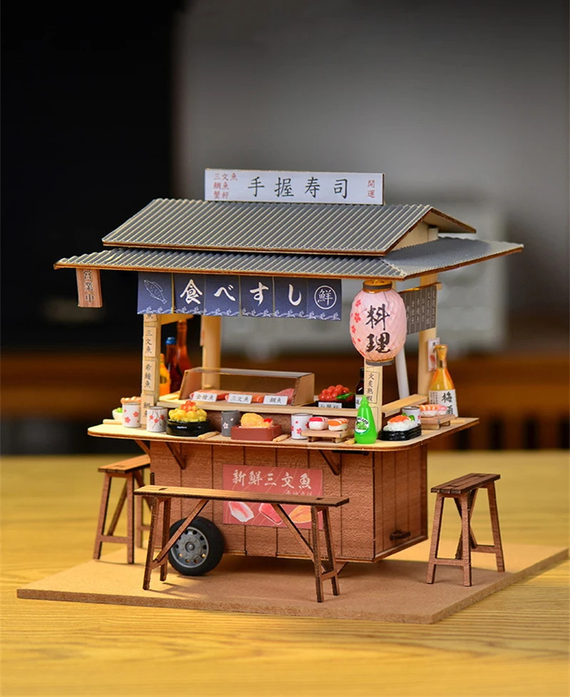 DIY Wooden Doll House Japanese Sushi Store Miniature Building Kit BBQ Breakfast Dollhouse With Furniture Toys for Girls Gifts