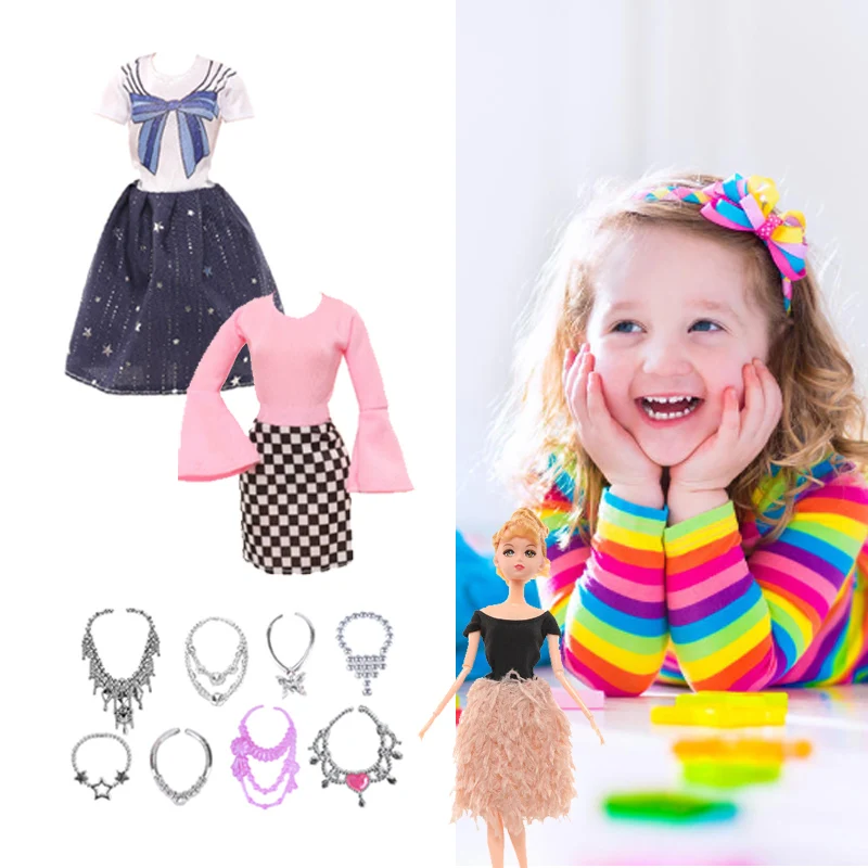 16pcs Set 30cm Doll Clothes And Accessories Include 4 Fashion Dresses 6 Crown 6 Necklace for 30cm Doll, Dressing Up