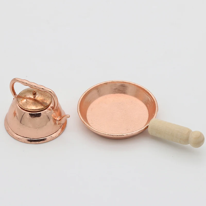 1:12 Scale Dollhouse Miniature Rose Gold Color Frying Pan Cooking Pot Kettle Cookware Kitchen Cooking Kit Dolls Accessories