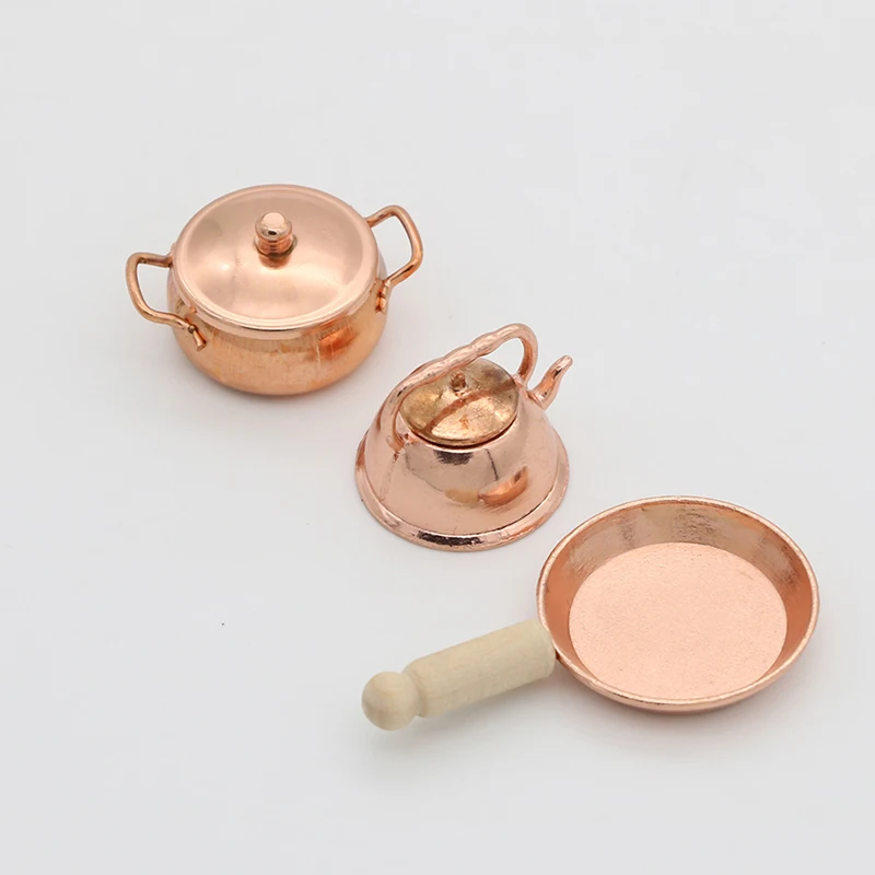 1:12 Scale Dollhouse Miniature Rose Gold Color Frying Pan Cooking Pot Kettle Cookware Kitchen Cooking Kit Dolls Accessories