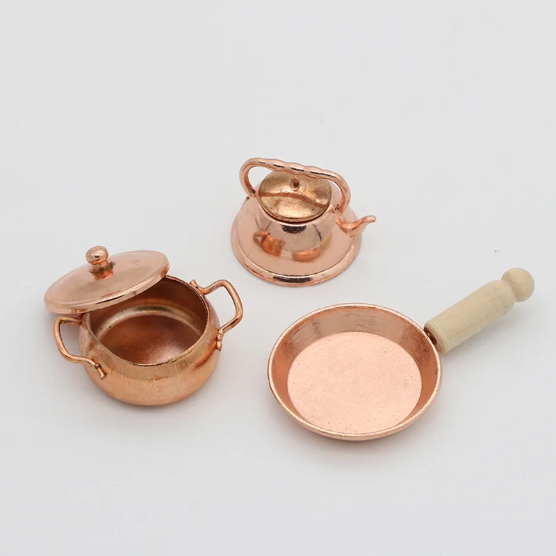 1:12 Scale Dollhouse Miniature Rose Gold Color Frying Pan Cooking Pot Kettle Cookware Kitchen Cooking Kit Dolls Accessories