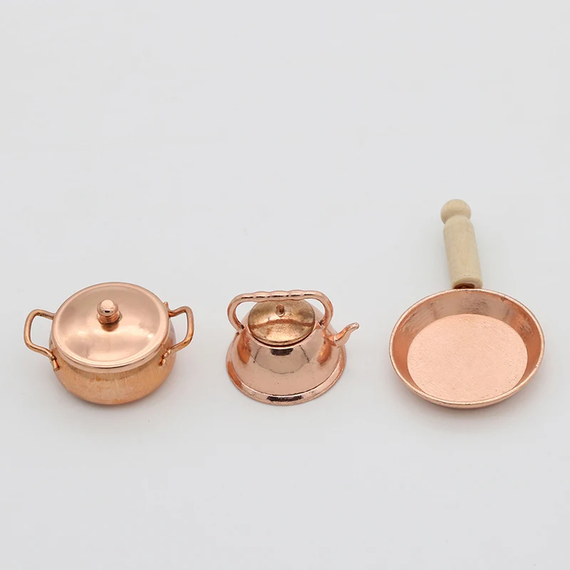 1:12 Scale Dollhouse Miniature Rose Gold Color Frying Pan Cooking Pot Kettle Cookware Kitchen Cooking Kit Dolls Accessories