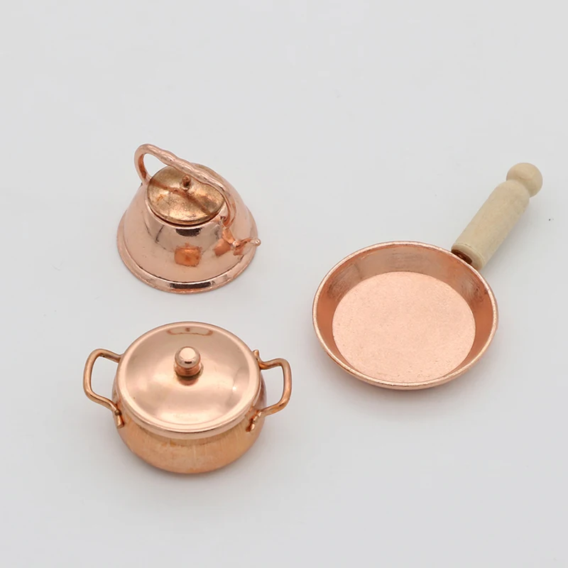 1:12 Scale Dollhouse Miniature Rose Gold Color Frying Pan Cooking Pot Kettle Cookware Kitchen Cooking Kit Dolls Accessories