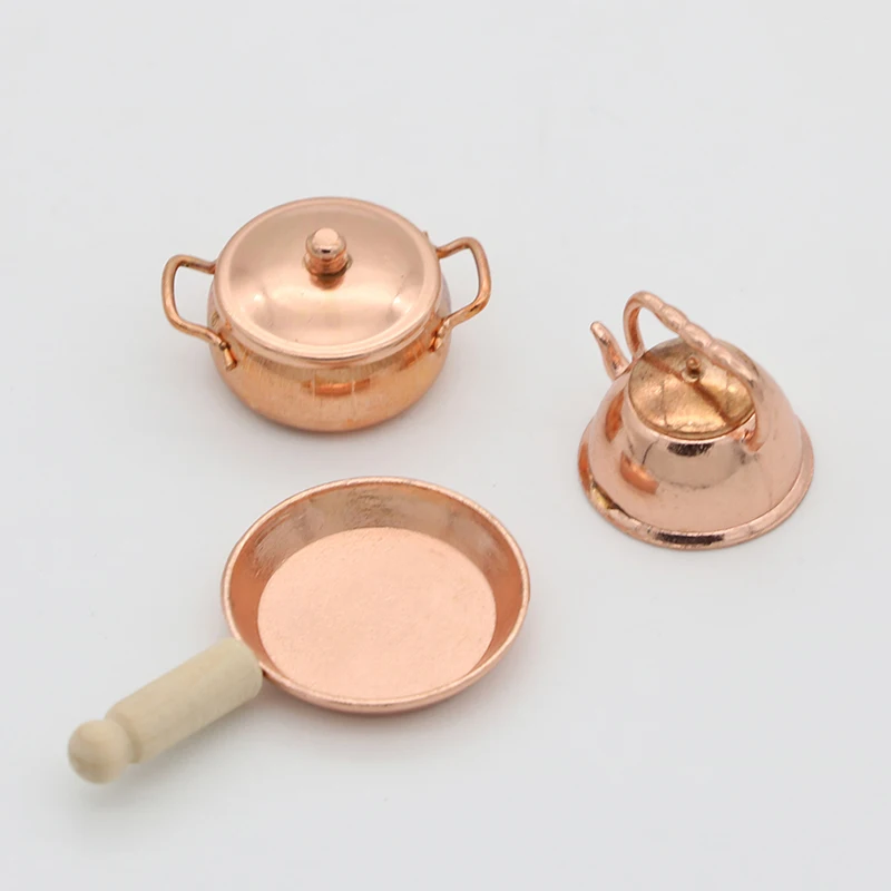 1:12 Scale Dollhouse Miniature Rose Gold Color Frying Pan Cooking Pot Kettle Cookware Kitchen Cooking Kit Dolls Accessories