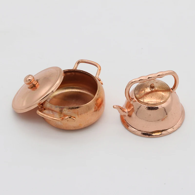 1:12 Scale Dollhouse Miniature Rose Gold Color Frying Pan Cooking Pot Kettle Cookware Kitchen Cooking Kit Dolls Accessories
