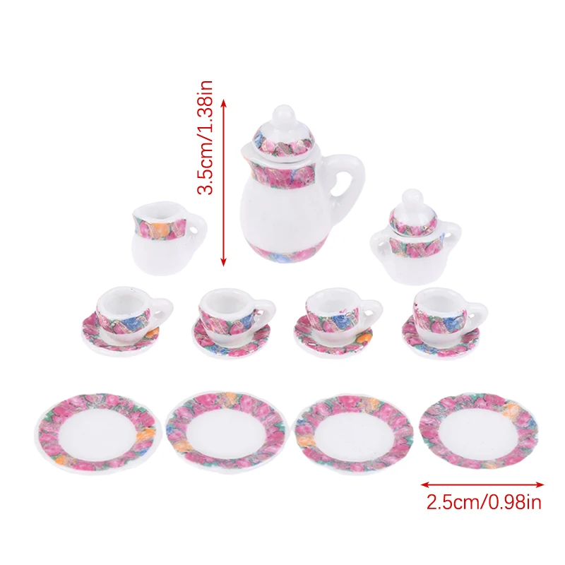 1Set 1:12 Dollhouse Miniature Ceramic Tea Set Cup Kettle Tray Flower Tableware Kitchen Decor Toy Doll House Accessories