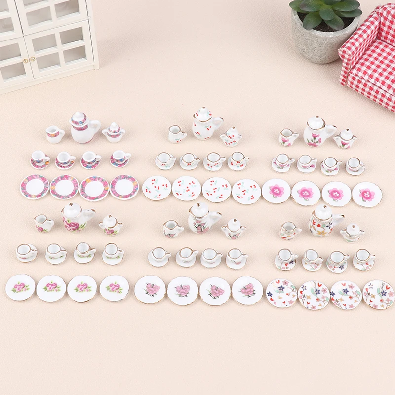 1Set 1:12 Dollhouse Miniature Ceramic Tea Set Cup Kettle Tray Flower Tableware Kitchen Decor Toy Doll House Accessories