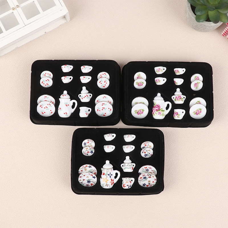 1Set 1:12 Dollhouse Miniature Ceramic Tea Set Cup Kettle Tray Flower Tableware Kitchen Decor Toy Doll House Accessories