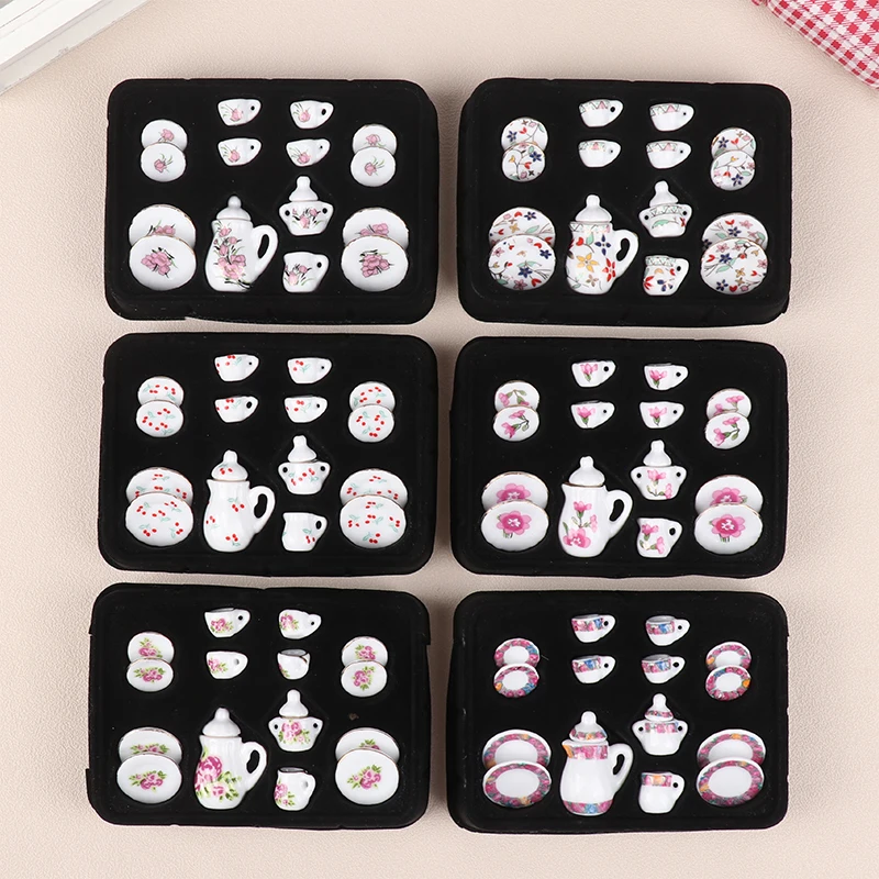 1Set 1:12 Dollhouse Miniature Ceramic Tea Set Cup Kettle Tray Flower Tableware Kitchen Decor Toy Doll House Accessories