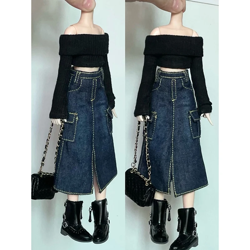New Handmade Blythe Doll Clothes Off Shoulder Sweater Knit Tops and Split Denim Long Skirt Mini Dress for Blyth OB24 1/6 Dolls