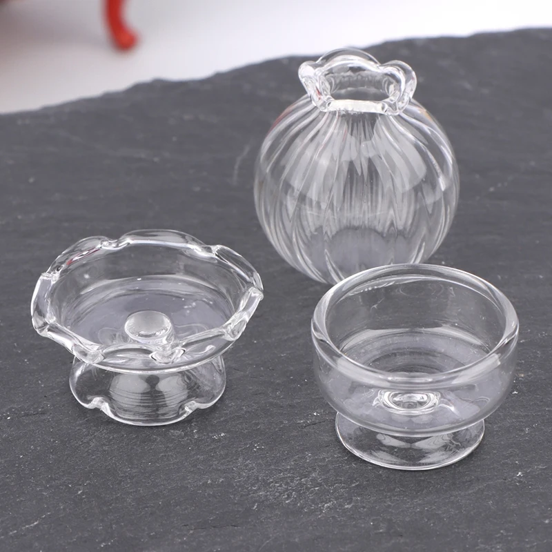 1/6 1/12 Dollhouse Miniature Transparent Glass Vase Dessert Cup Wine Bottle Wishing Bottle Home Decor Toy Doll House Accessories