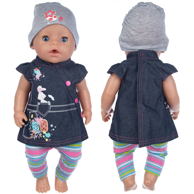 17" Baby Doll Clothes Hat Tights Leggings 43cm Baby Dolls Denim Dress Toys Wears Children Gifts