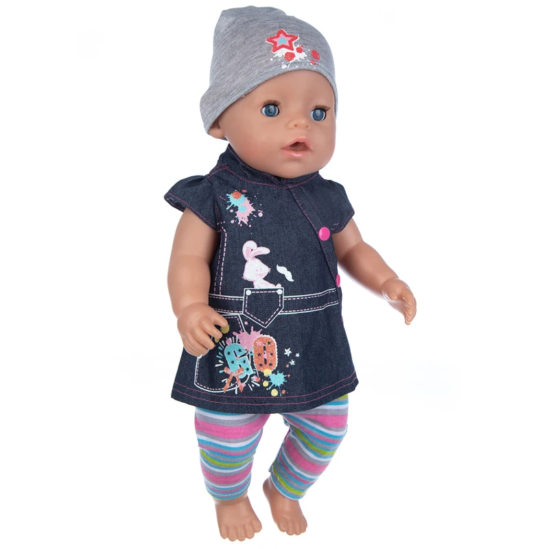 17" Baby Doll Clothes Hat Tights Leggings 43cm Baby Dolls Denim Dress Toys Wears Children Gifts