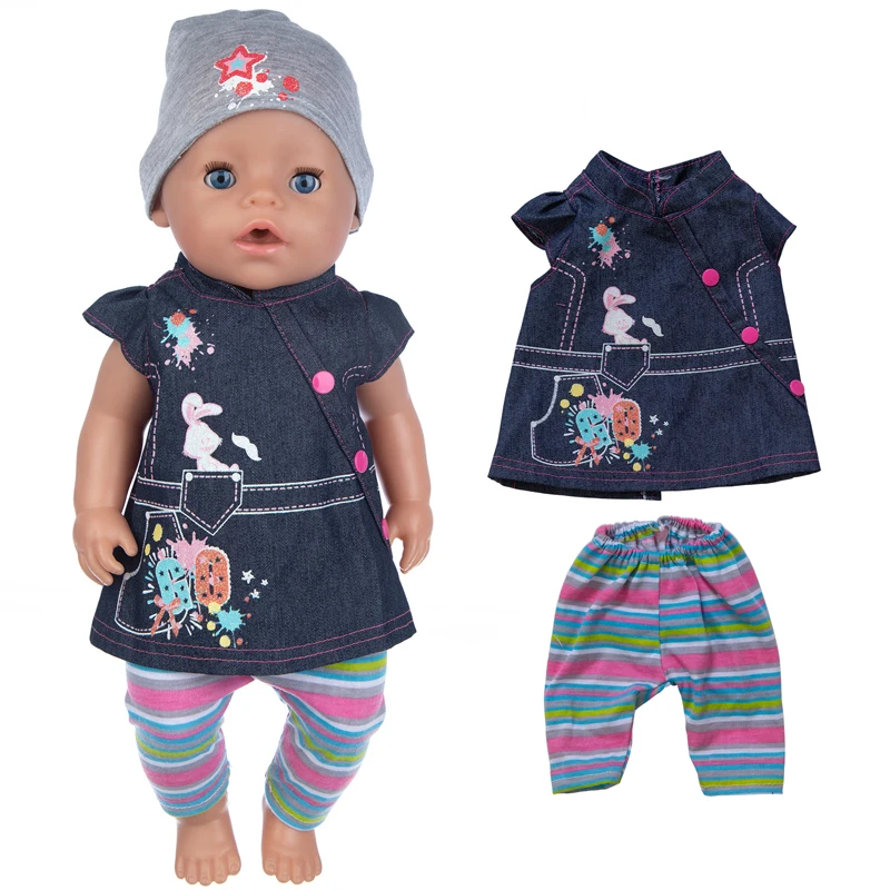 17" Baby Doll Clothes Hat Tights Leggings 43cm Baby Dolls Denim Dress Toys Wears Children Gifts