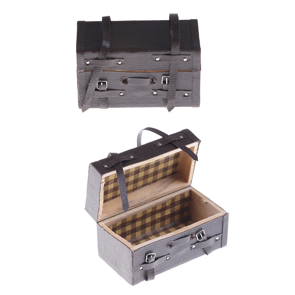 1pcs 1/12 Dollhouse Miniature Vintage Leather Wood Suitcase Mini Doll Luggage Box Pretend Play Furniture Toys Accessories