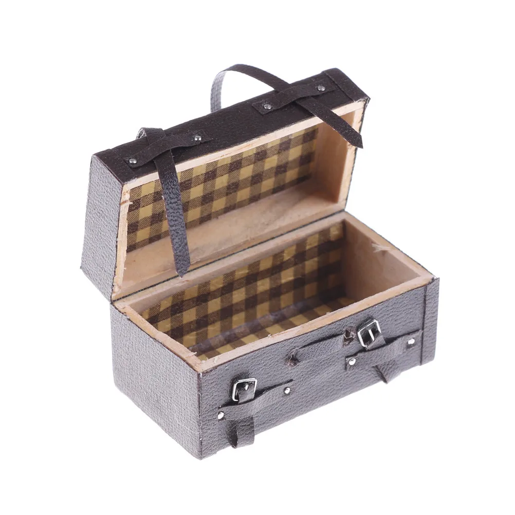 1pcs 1/12 Dollhouse Miniature Vintage Leather Wood Suitcase Mini Doll Luggage Box Pretend Play Furniture Toys Accessories