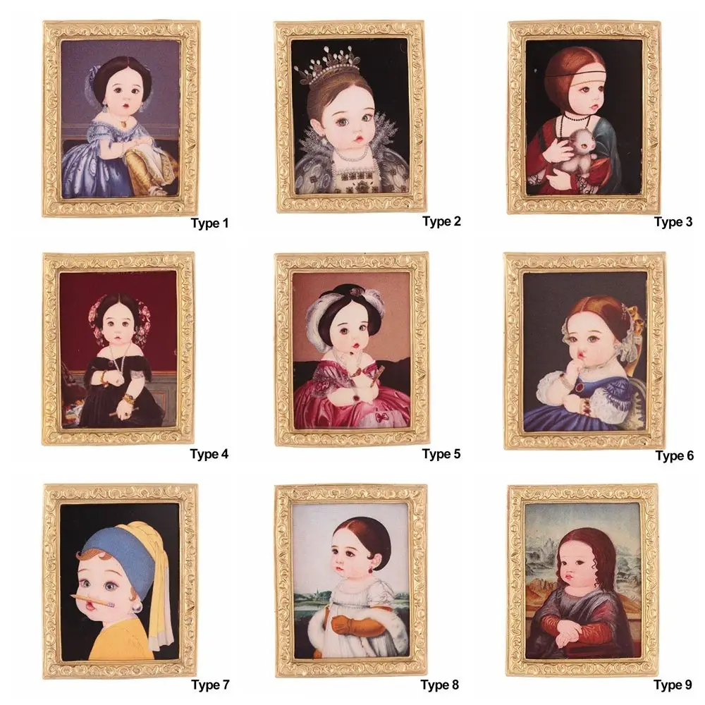 1:12 Scale Mini Furniture Kids Toys Retro Frame Dolls Accessories Dollhouse Oil Painting Miniature Pictures Wall Mural