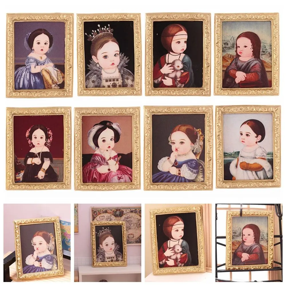 1:12 Scale Mini Furniture Kids Toys Retro Frame Dolls Accessories Dollhouse Oil Painting Miniature Pictures Wall Mural