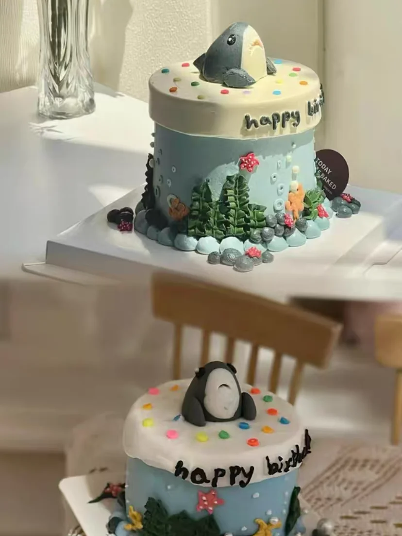 DollHouse diy accessories Clay sculpture cake Cartoon Shark Flower cake miniature birthday party decoration couple gift model