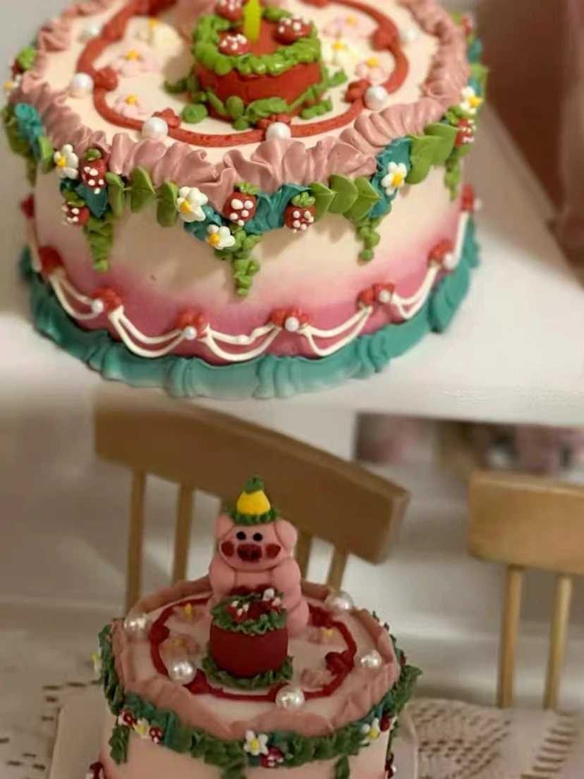 DollHouse diy accessories Clay sculpture cake Cartoon Shark Flower cake miniature birthday party decoration couple gift model